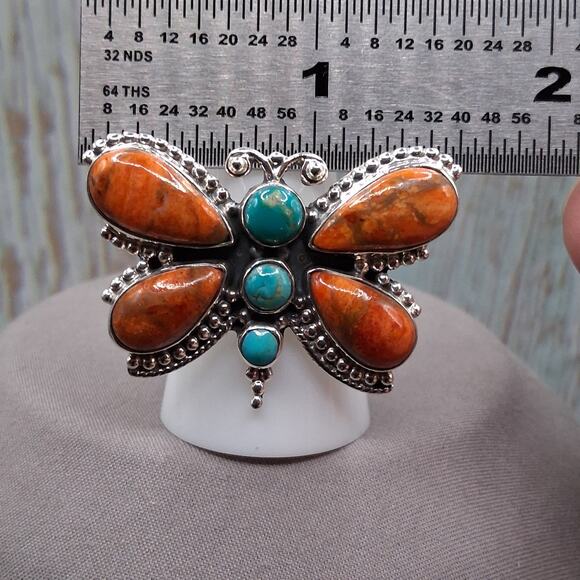 Southwestern Turquoise Spiny Oyster Ring Size 6-9 Butterfly Sterling Silver - Picture 7 of 10